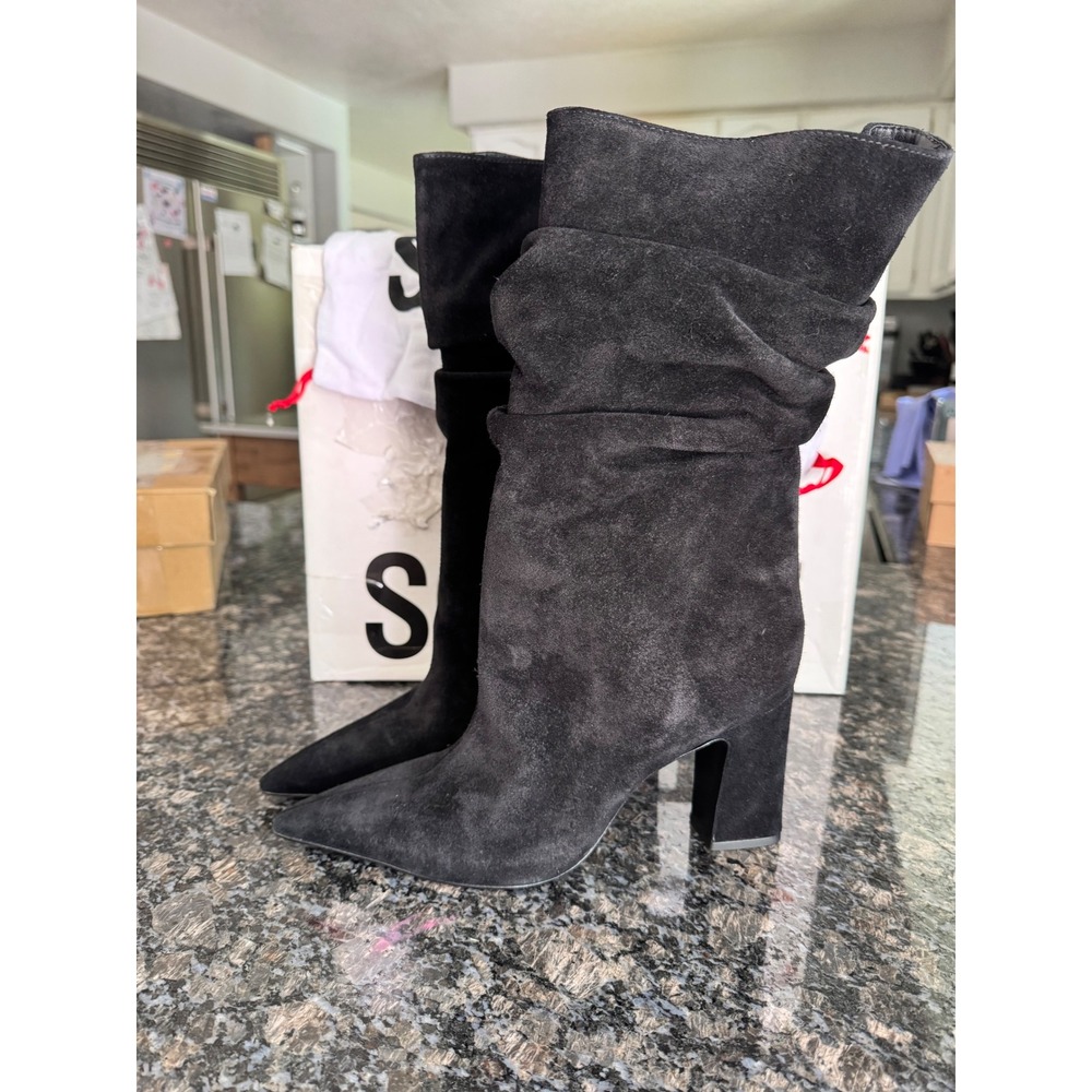 Schutz Harriet Black Suede Slouchy Pointed Toe Block Heel Boots Sz 8.5 B $260 - Picture 3 of 10